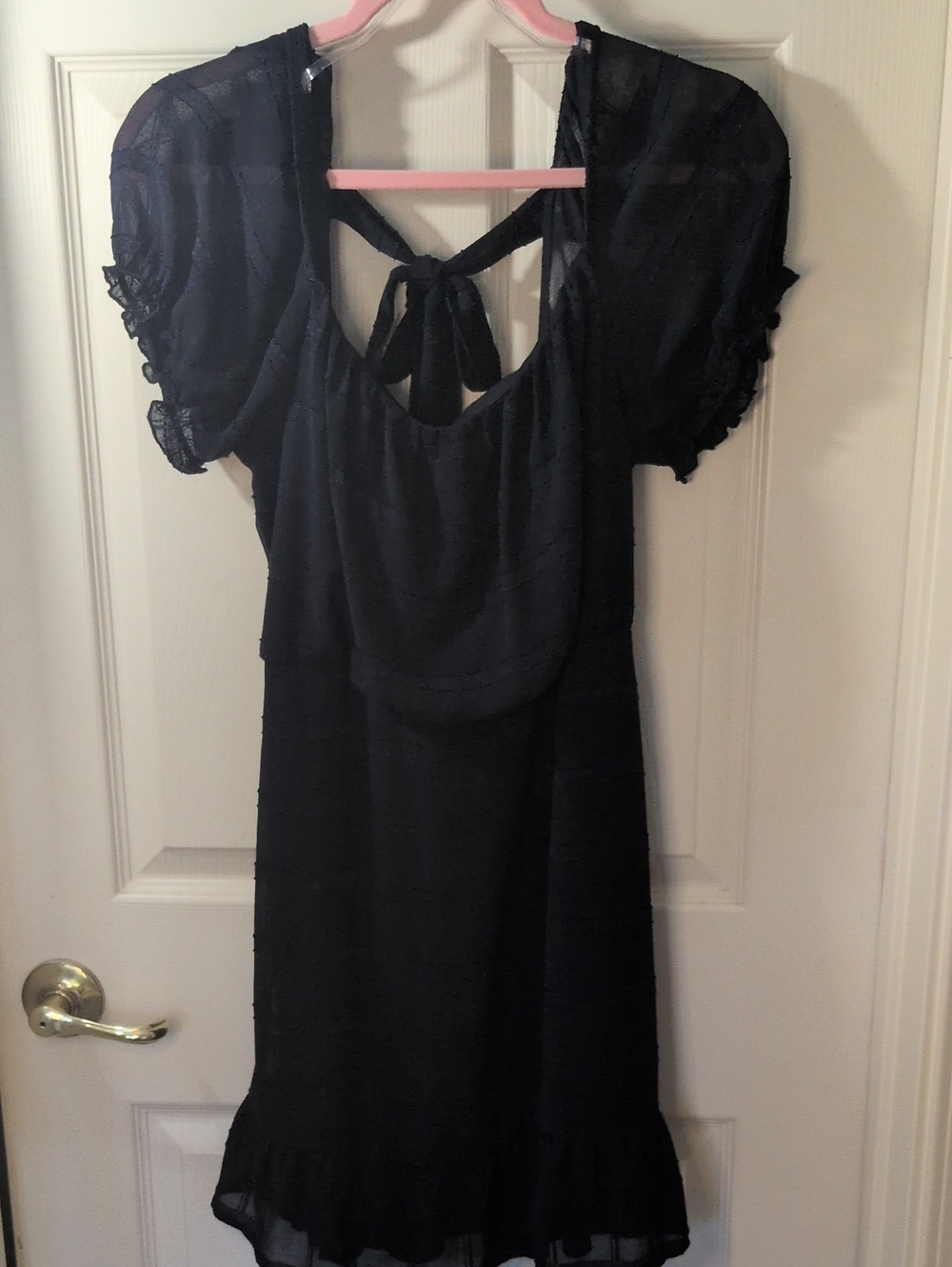 Women's Navy Midi Dress with Tie-Back and Puff Sleeves